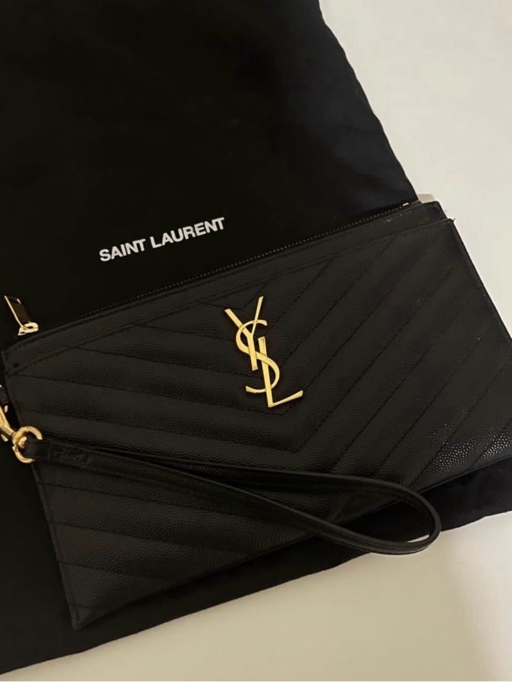 Saint Laurent Black Quilted Wristlet Clutch with Gold YSL Logo - Picture 1 of 9